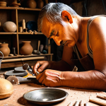 A local artisan crafting a traditional handicraft in their workshop, surrounded by tools and materials. Warm lighting, detailed textures of the craft and the artisan's hands.