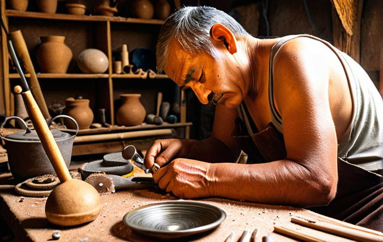 A local artisan crafting a traditional handicraft in their workshop, surrounded by tools and materials. Warm lighting, detailed textures of the craft and the artisan's hands.